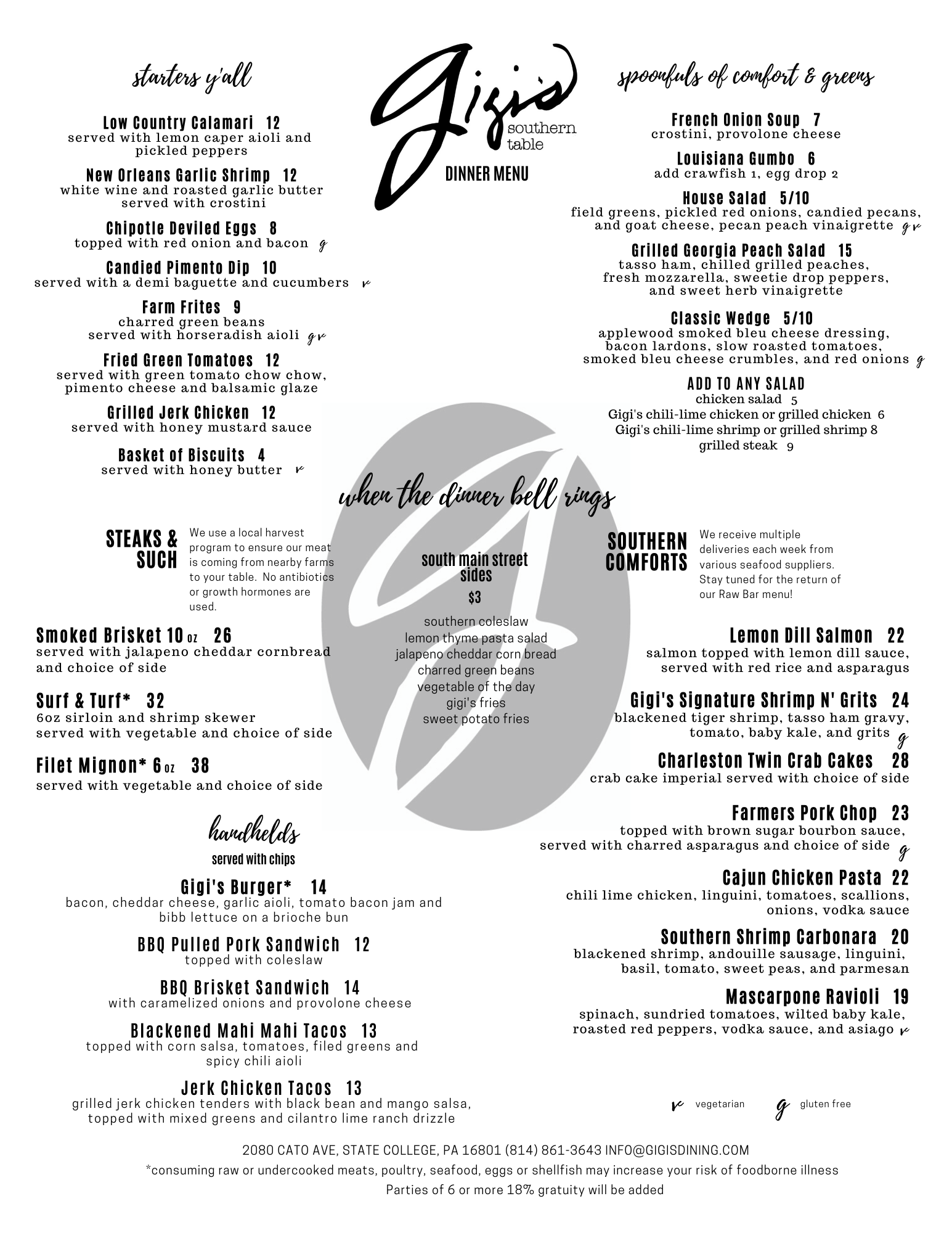 Gigi's Dinner Menu | State College Restaurant | Places to Eat in Central PA