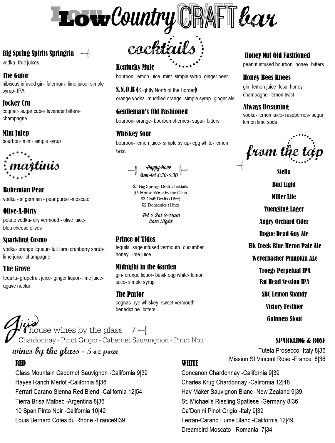 Low Country Craft Bar Menu